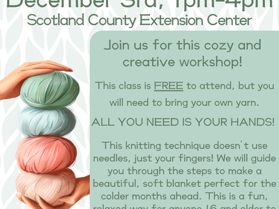 Chunky hand-knit blanket workshop, Dec 3 1–4pm, Scotland County Extension. Call 910-277-2422
