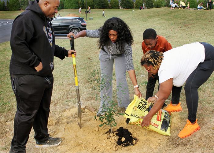 Family of 4 planting tree 
