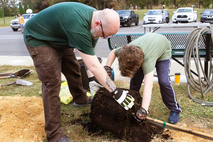 Father and son planting tree