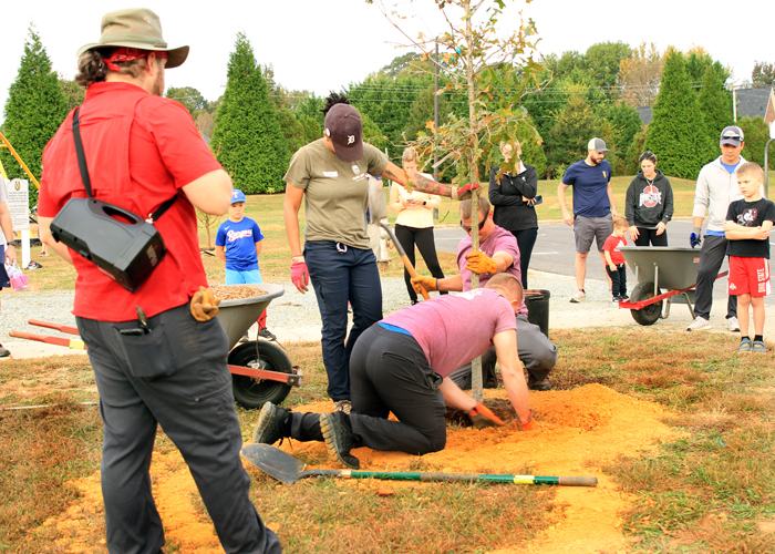 3 leaders demonstrating how to plant trees to volunteers