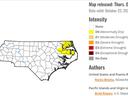 A map of North Carolina showing the North East corner of the state as Abnormally Dry.