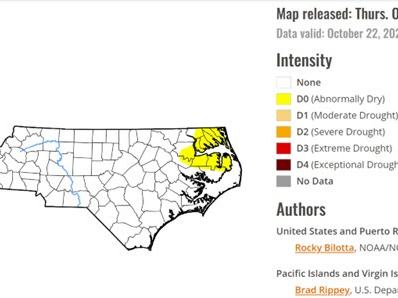 A map of North Carolina showing the North East corner of the state as Abnormally Dry.