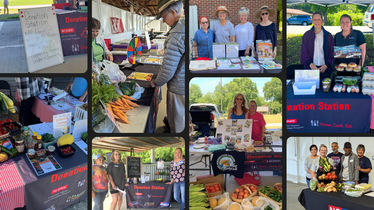 Collage of donation station booths with volunteers, tables of produce and informational materials