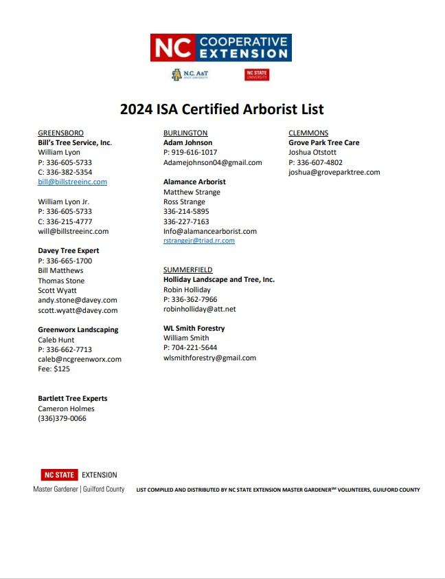 NC Cooperative Extension 2024 ISA Certified Arborist list with company names and contacts