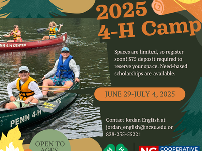 Kids canoeing on a lake; 2025 4-H Camp June 29–July 4; open to ages 8–14.