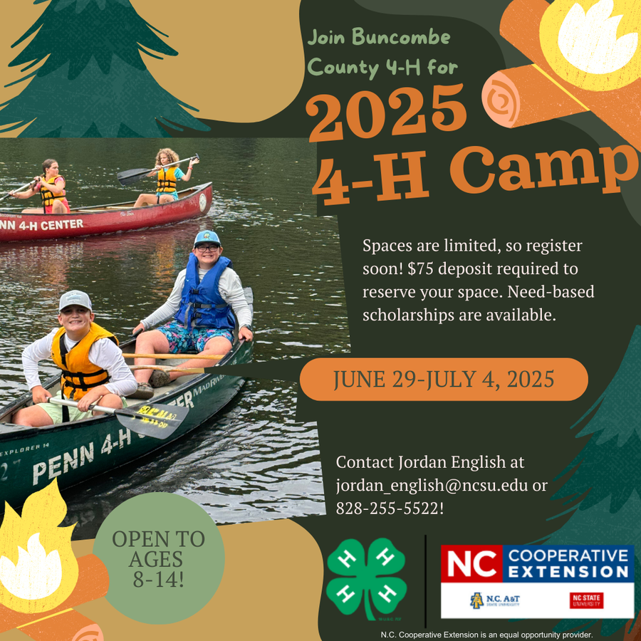 Kids canoeing on a lake; 2025 4-H Camp June 29–July 4; open to ages 8–14.