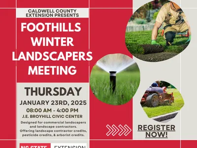 Flyer announcing Foothills Winter Landscapers meeting, red background with beige blocks with written info and 3 circles with turf and grass images