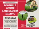 Flyer announcing Foothills Winter Landscapers meeting, red background with beige blocks with written info and 3 circles with turf and grass images