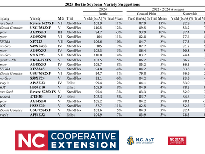 Table titled "2025 Bertie Soybean Variety Suggestions" listing varieties, traits, and yields.