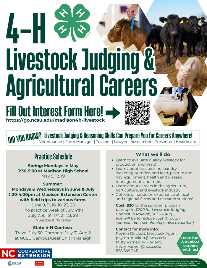 Livestock judging info flyer with pictures of cows, goat, pig, and lambs