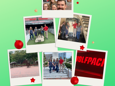 Collage of Camden County staff photos; text: HAPPY HOLIDAYS; names: Austin, Marcia, Jamie & Amy