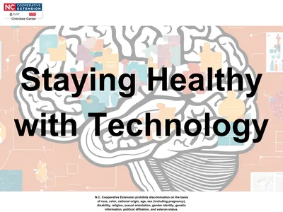 Staying Healthy with Technology title over stylized brain illustration