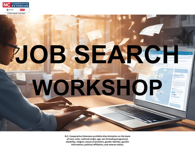 Person typing at a laptop with large text "JOB SEARCH WORKSHOP" and NC Cooperative Extension logo