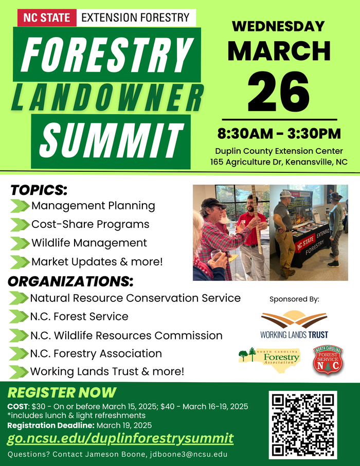 NC State Extension Forestry: Forestry Landowner Summit — March 26, 8:30AM–3:30PM, Duplin County
