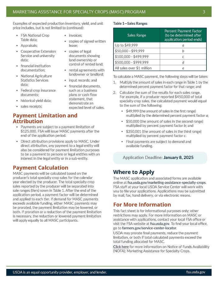 USDA Marketing Assistance for Specialty Crops (MASC) fact sheet; Application Deadline: January 8, 2025