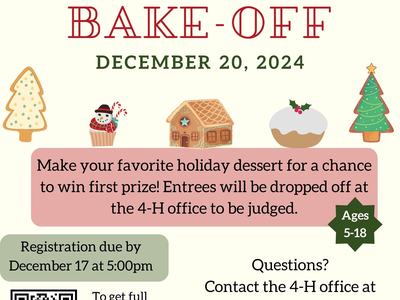 Richmond County 4-H Holiday Bake-Off Dec 20, 2024; reg due Dec 17; ages 5–18; erin_barnes@ncsu.edu