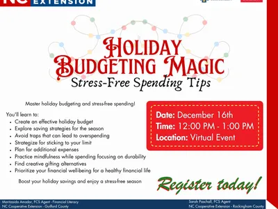This is the flier used to promote the class. The date is December 16th from 12pm to 1pm via Zoom and participants will learn about effective holiday budgets, saving strategies for the season, and prioritizing your financial well-being. Contact Sarah Pasch