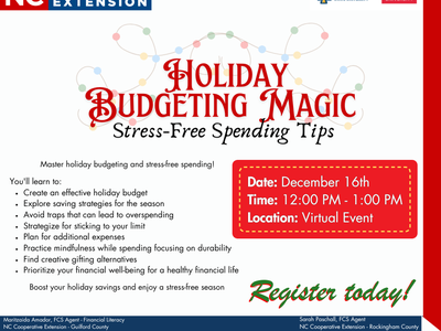 This is the flier used to promote the class. The date is December 16th from 12pm to 1pm via Zoom and participants will learn about effective holiday budgets, saving strategies for the season, and prioritizing your financial well-being. Contact Sarah Pasch