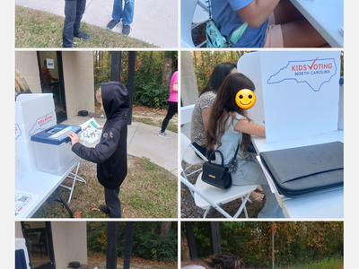 Children filling out ballots at Kids Voting North Carolina outdoor polling stations