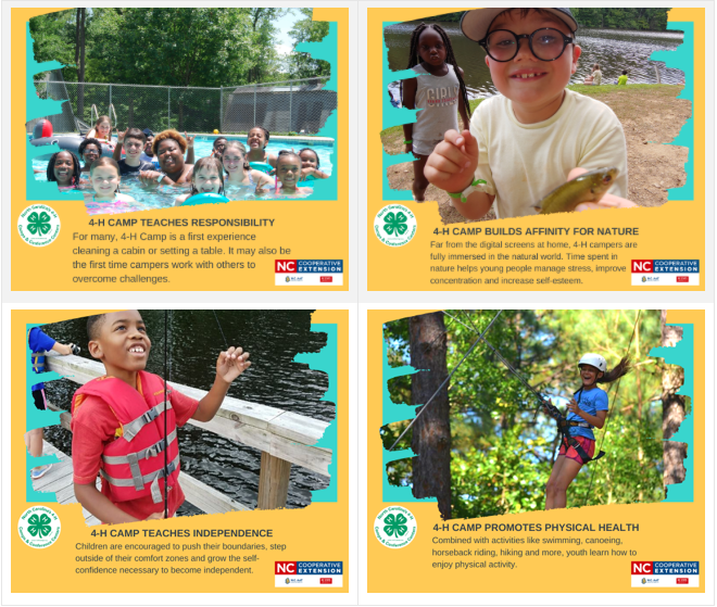 Four 4‑H camp photos: kids in pool; boy holding fish; child in life vest on dock; girl ziplining