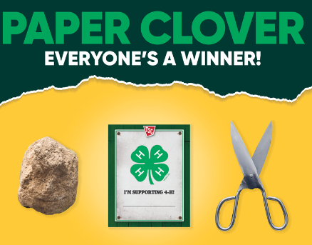 Paper Clover Banner with Rock, paper, scissors imagery. Everyone's a Winner! 