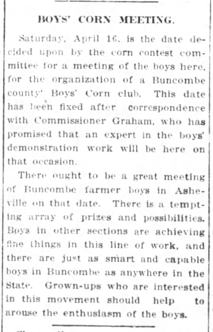 Newspaper Article describing the beginning of boys' Corn Clubs in Buncombe County, North Carolina. 