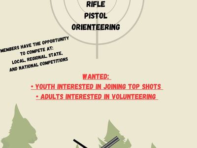4-H Top Shots youth shooting sports flyer: archery, shotgun, rifle, pistol, orienteering