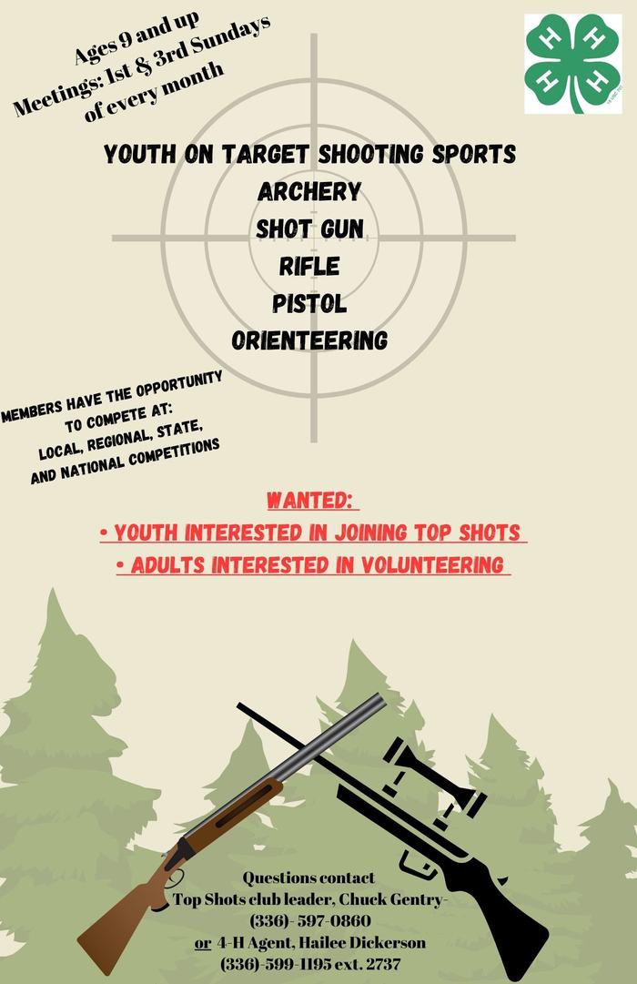 4-H Top Shots youth shooting sports flyer: archery, shotgun, rifle, pistol, orienteering