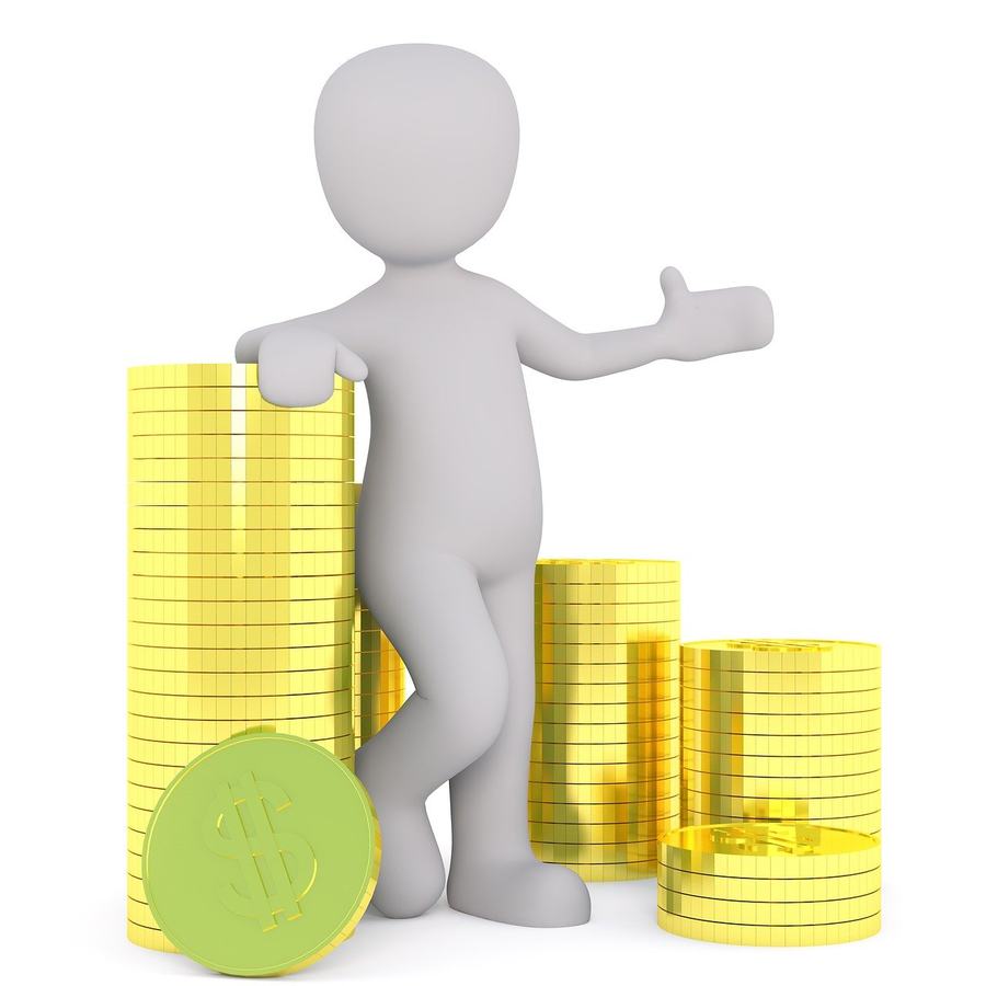 Silhouette of a person standing next to stacks of gold coins