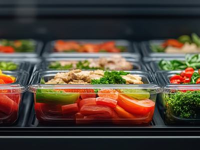Salads and chopped vegetables in clear plastic takeout containers on a refrigerated shelf