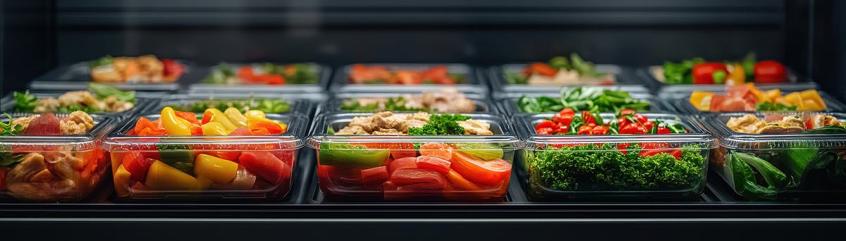 Meal prep containers filled with vegetables, lean proteins and greens.