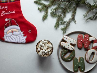 hot chocolate and Christmas stocking and cookies