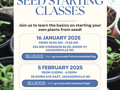 Flyer for classes, features seedlings and text information about the class.