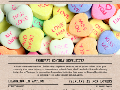 Lincoln County Cooperative Extension newsletter cover: 'NEWSLETTER' title, candy hearts, Feb 2025