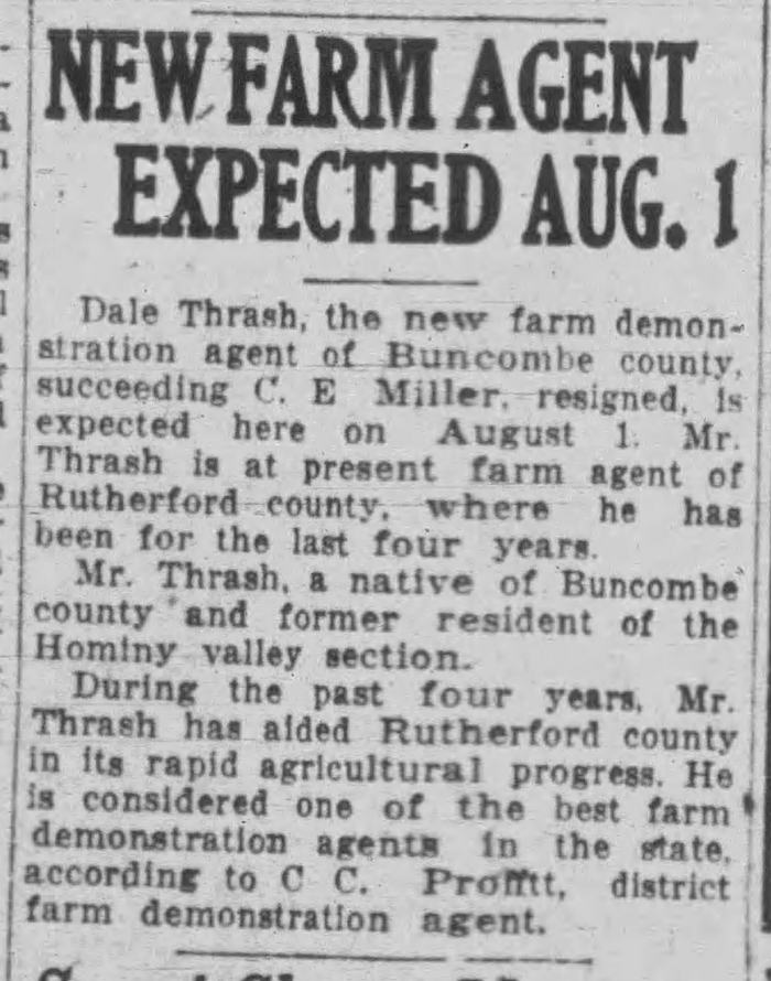 Newspaper article from 1923 about Dale Thrash becoming the new farm agent for Buncombe County.
