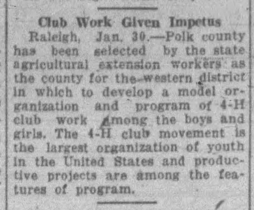 Newspaper article about Polk County being the first WNC county to model the 4-H club.