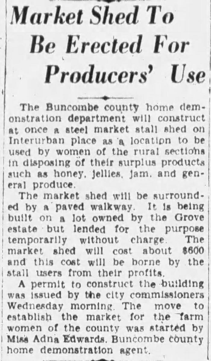 Newspaper article about one of Asheville's first curb markets. 