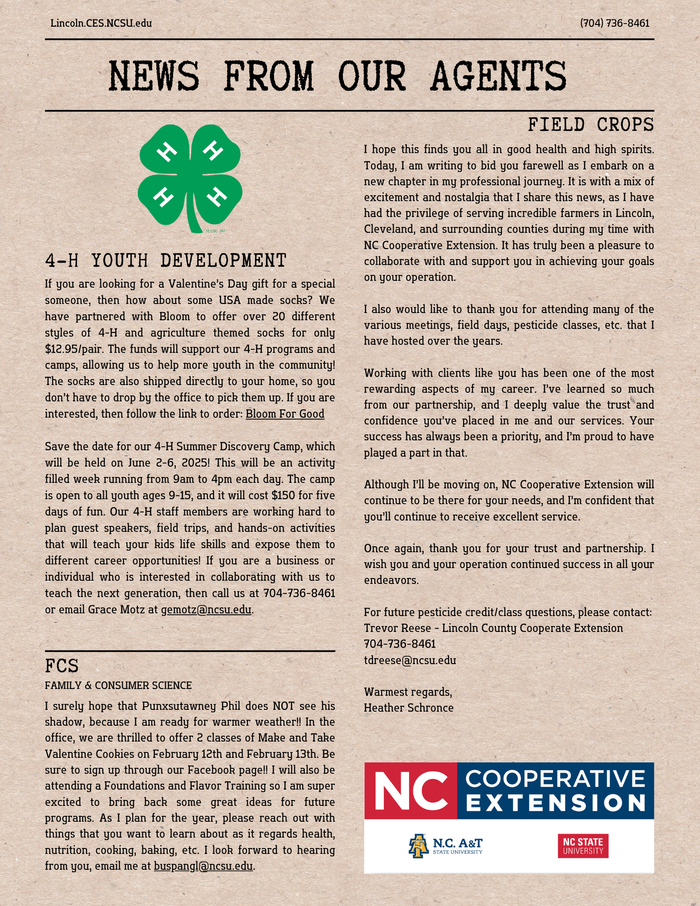 Page 2 of the February 2025 Newsletter with 4-H, Field Crop & FCS updates
