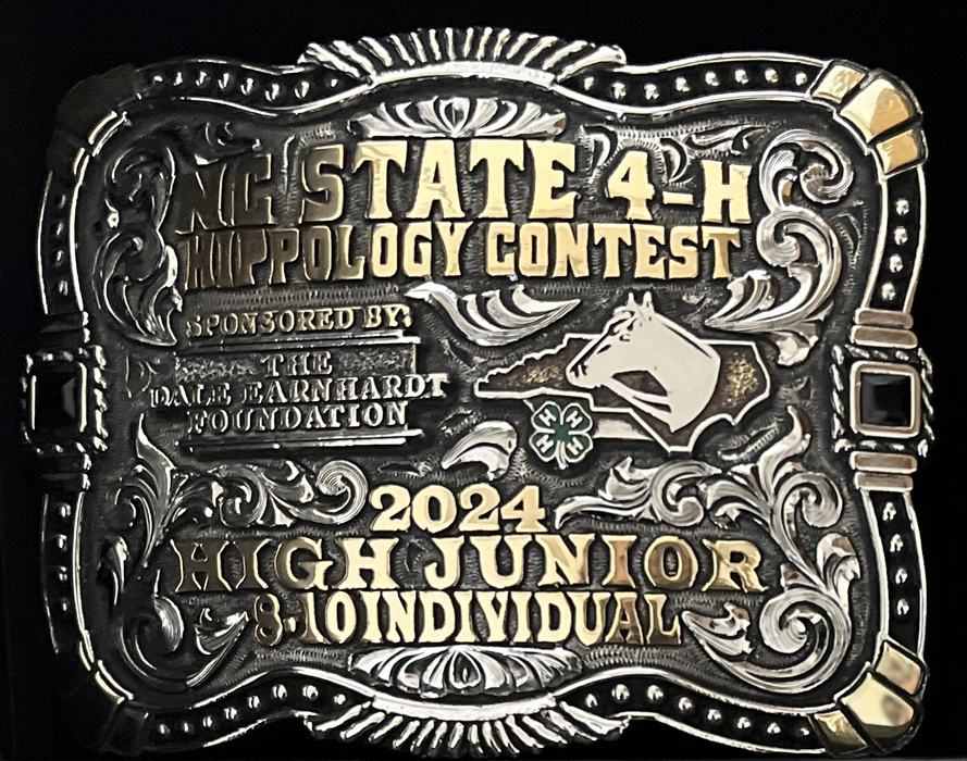 Belt buckle reading "State 4‑H Hippology Contest 2024 High Junior 8‑10 Individual"