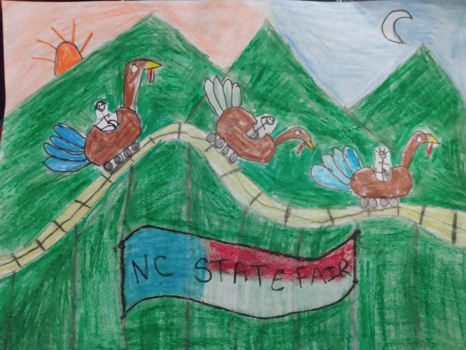 Angel Roman 2024 tshirt art. turkeys riding a roller coaster with mountains and nc flag