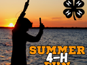Silhouette of person fishing at sunset; four‑leaf clover logo; text "Hyde County 4‑H" and "SUMMER 4‑H FUN"