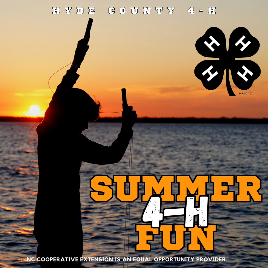 Silhouette of person fishing at sunset; four‑leaf clover logo; text "Hyde County 4‑H" and "SUMMER 4‑H FUN"