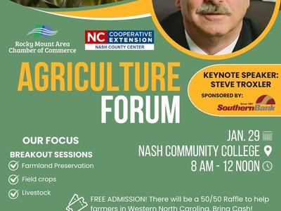 Agriculture Forum poster — Jan 29, Nash Community College, 8 AM–12 NOON; portrait of a man