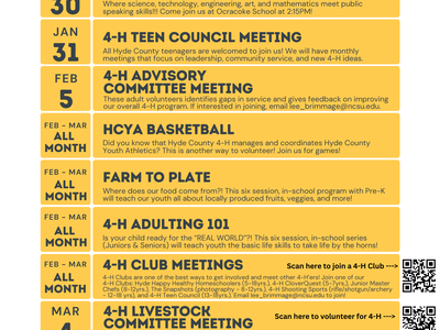 Hyde County 4‑H Connect 4‑H Jan–Mar 2025 events schedule with dates, meeting titles, and QR codes