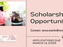 Piggy bank with graduation cap and jar of coins; text: "Scholarship Opportunity"; contact anna.martin@ncsu.edu; due 3/14/2025