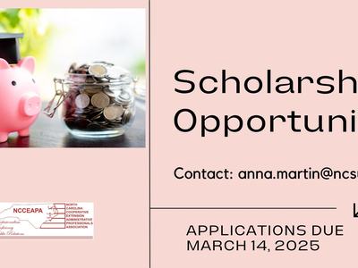 Piggy bank with graduation cap and jar of coins; text: "Scholarship Opportunity"; contact anna.martin@ncsu.edu; due 3/14/2025