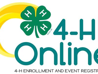 4-H Online logo featuring the green 4-H clover emblem with four white H's on each leaf. A yellow crescent design curves around the clover, and the words '4-H Online' appear below in teal text, along with the tagline '4-H Enrollment and Event Registration'