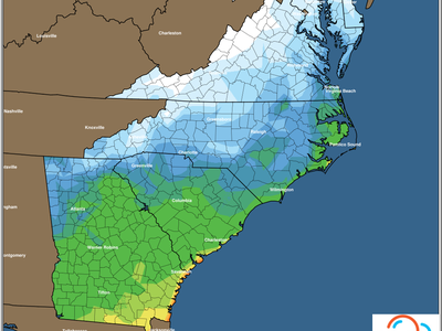 East Coast min temperature forecast map — Tuesday 01/21/2025, color scale in deg F
