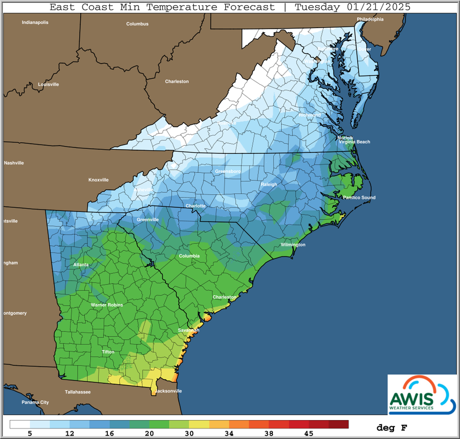 East Coast min temperature forecast map — Tuesday 01/21/2025, color scale in deg F
