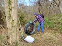 Man in plaid shirt rolling a large discarded tire near trees during outdoor cleanup